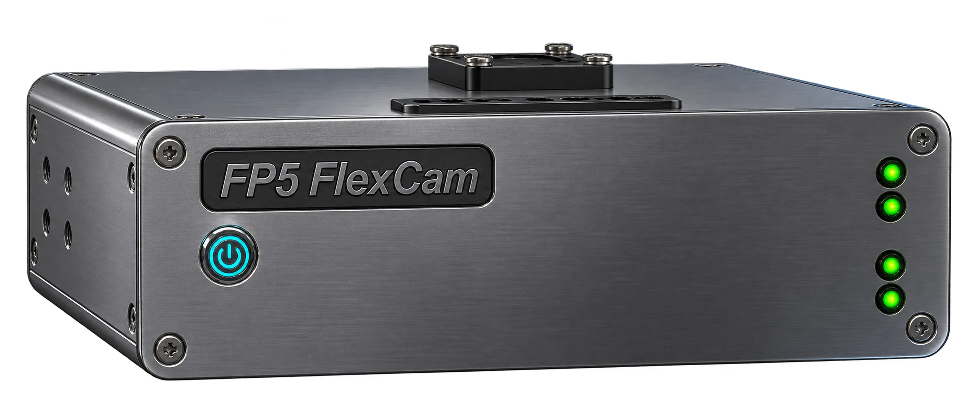 Studio visualization of the FlexCam 5.0 industrial hardware system, with its power button, four green status indicators, and mounting bracket