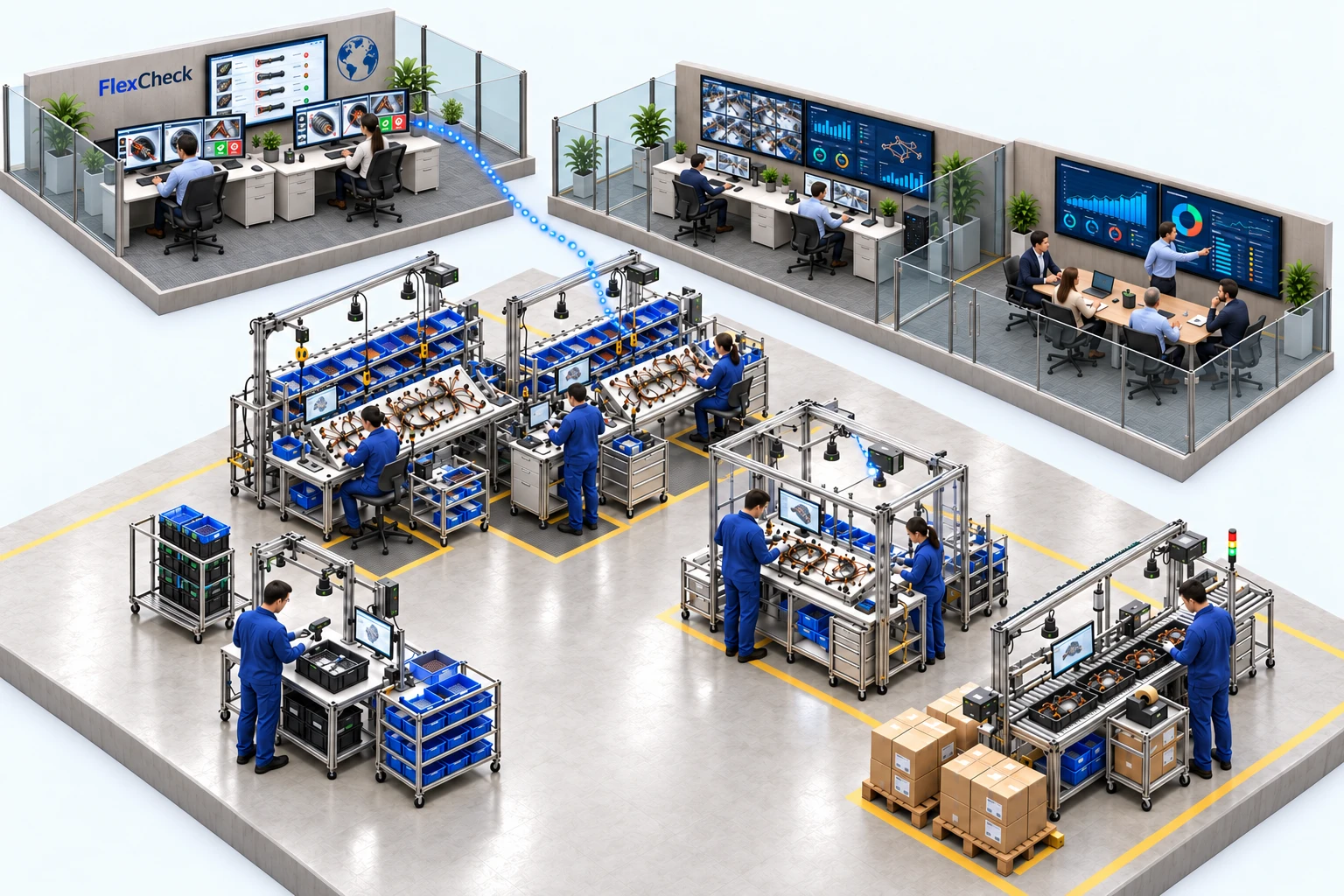 Realistic factory visualization with FlexCam-equipped assembly benches, operators, inspection cameras and conveyor, plus a separate engineering control office with inspection monitors and a boardroom with a conference table and large management dashboard screens, and a detached worldwide FlexCheck inspection room where remote reviewers examine unclear images and return pass/fail decisions